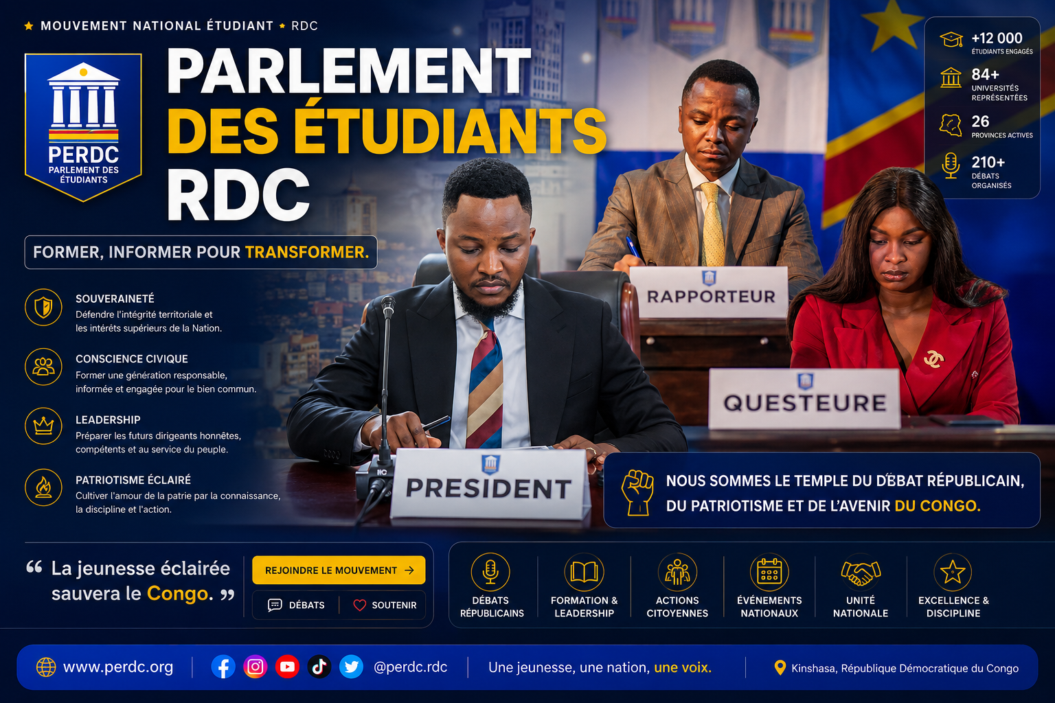 Affiche officielle PERDC — Parlement des Étudiants RDC : Former, Informer, Transformer